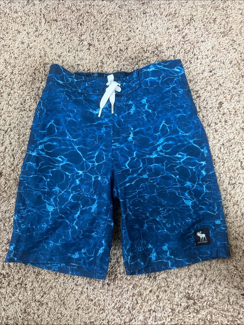 Blue Water-Print Swim Trunks with White Drawstring